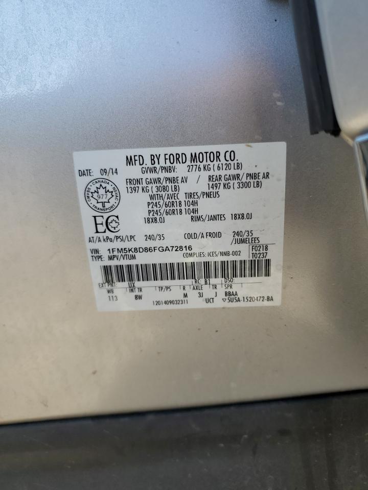 2015 Ford Explorer Xlt VIN: 1FM5K8D86FGA72816 Lot: 86087215