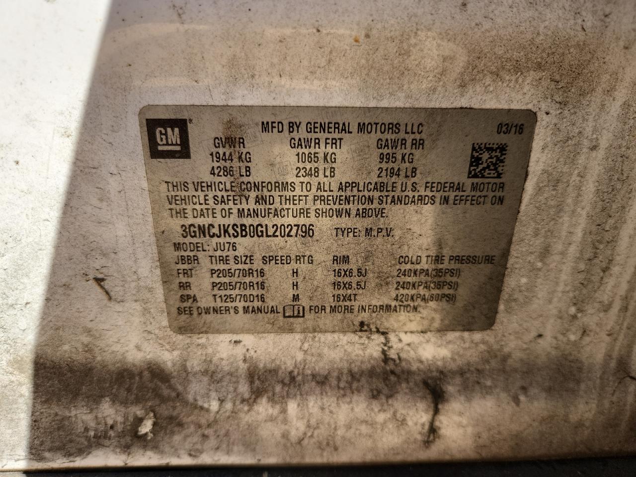 2016 Chevrolet Trax Ls VIN: 3GNCJKSB0GL202796 Lot: 84477935