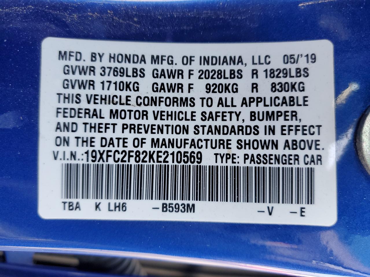 2019 Honda Civic Sport VIN: 19XFC2F82KE210569 Lot: 84480505