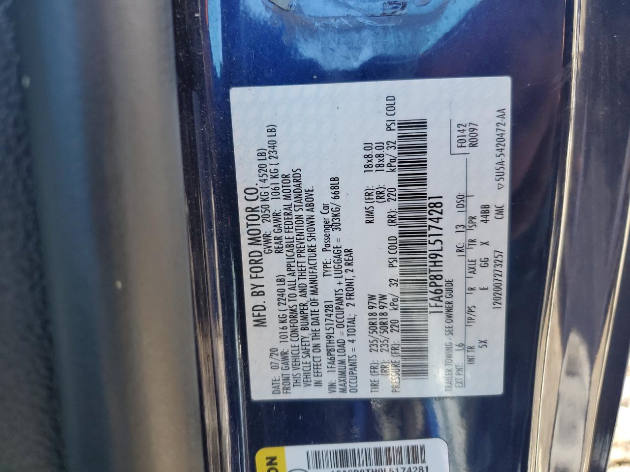 2020 Ford Mustang VIN: 1FA6P8TH9L5174281 Lot: 82708885