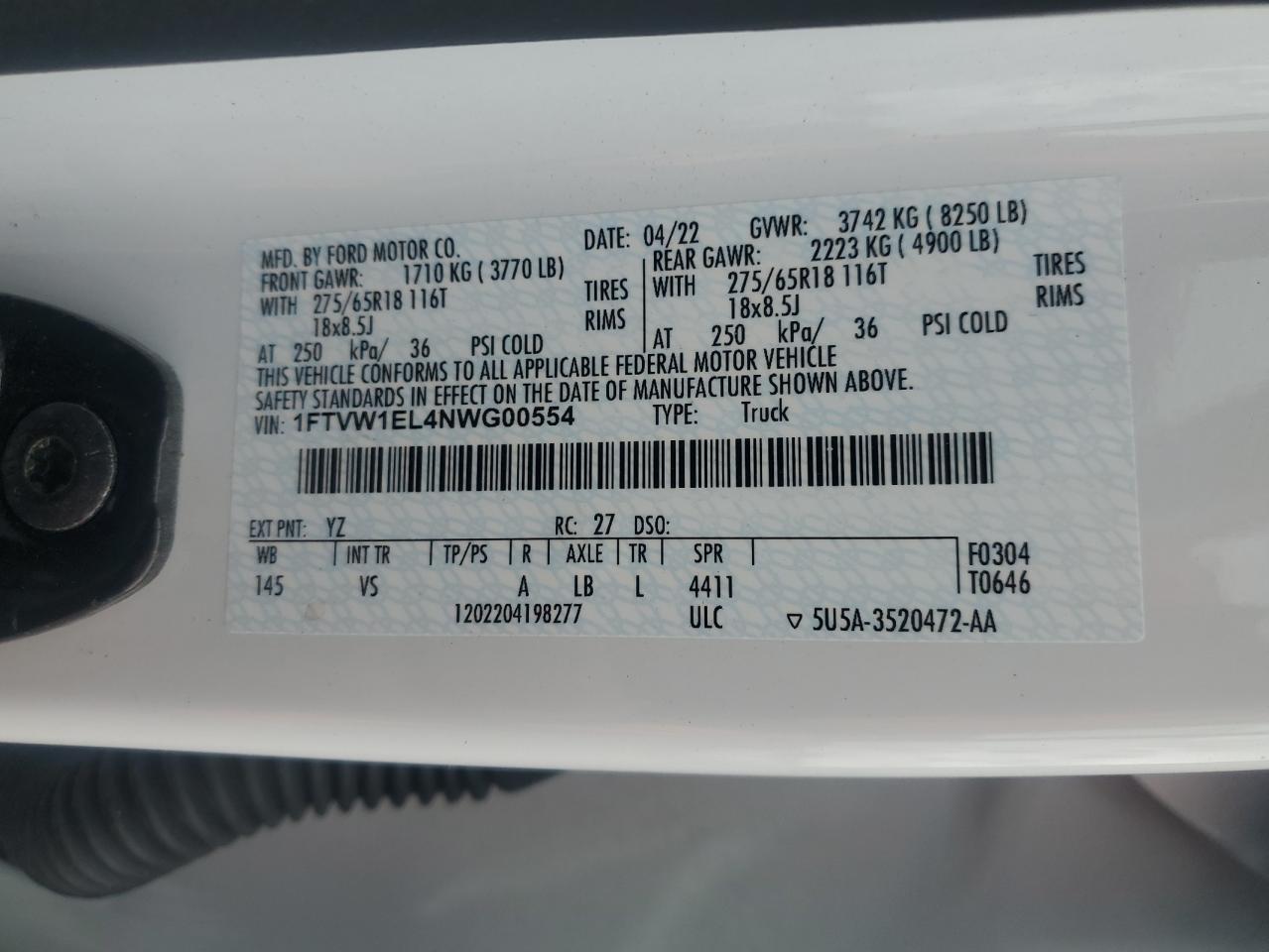 2022 Ford F150 Lightning Pro VIN: 1FTVW1EL4NWG00554 Lot: 90142765