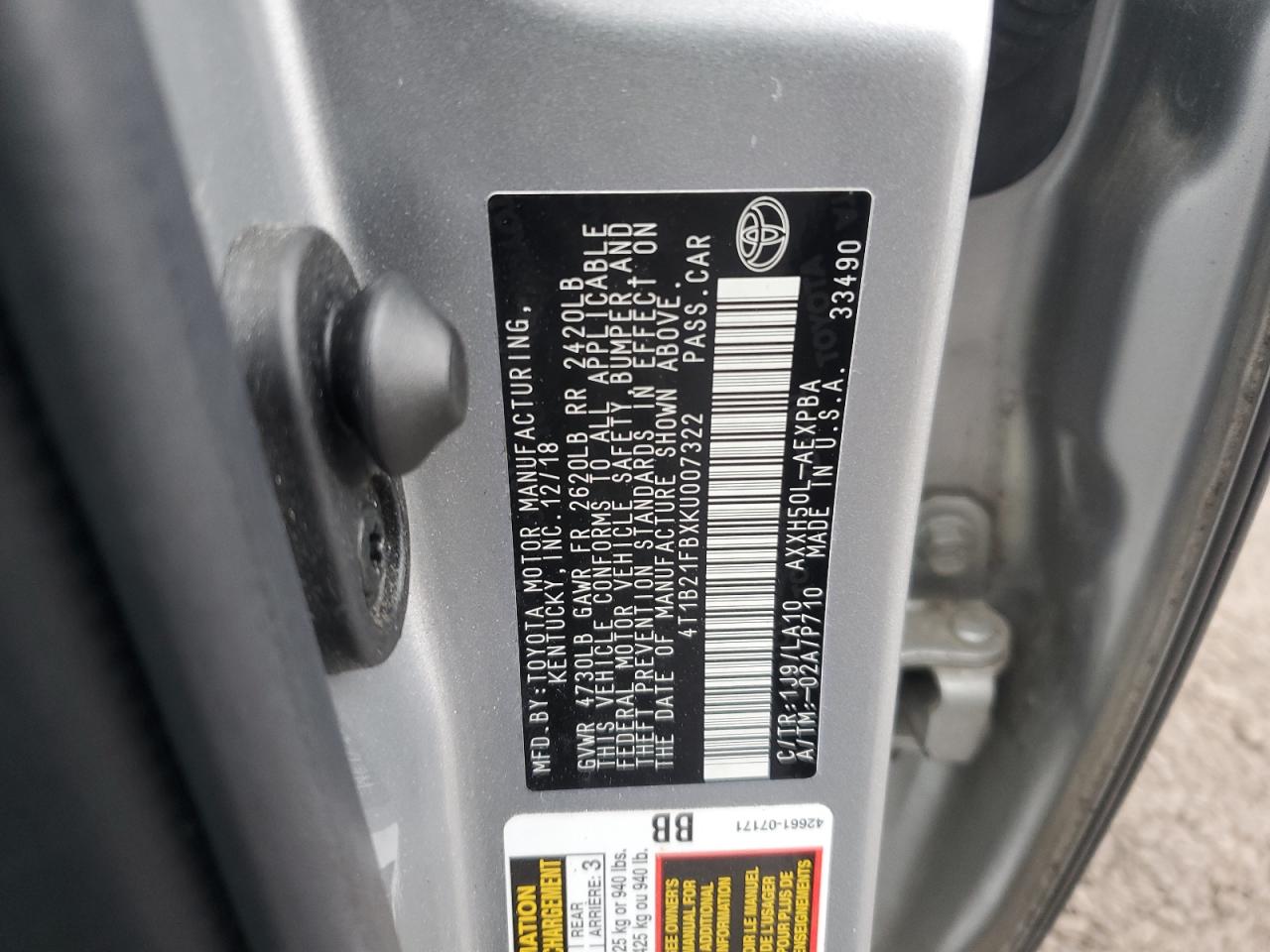 2019 Toyota Avalon Xle VIN: 4T1B21FBXKU007322 Lot: 86444735