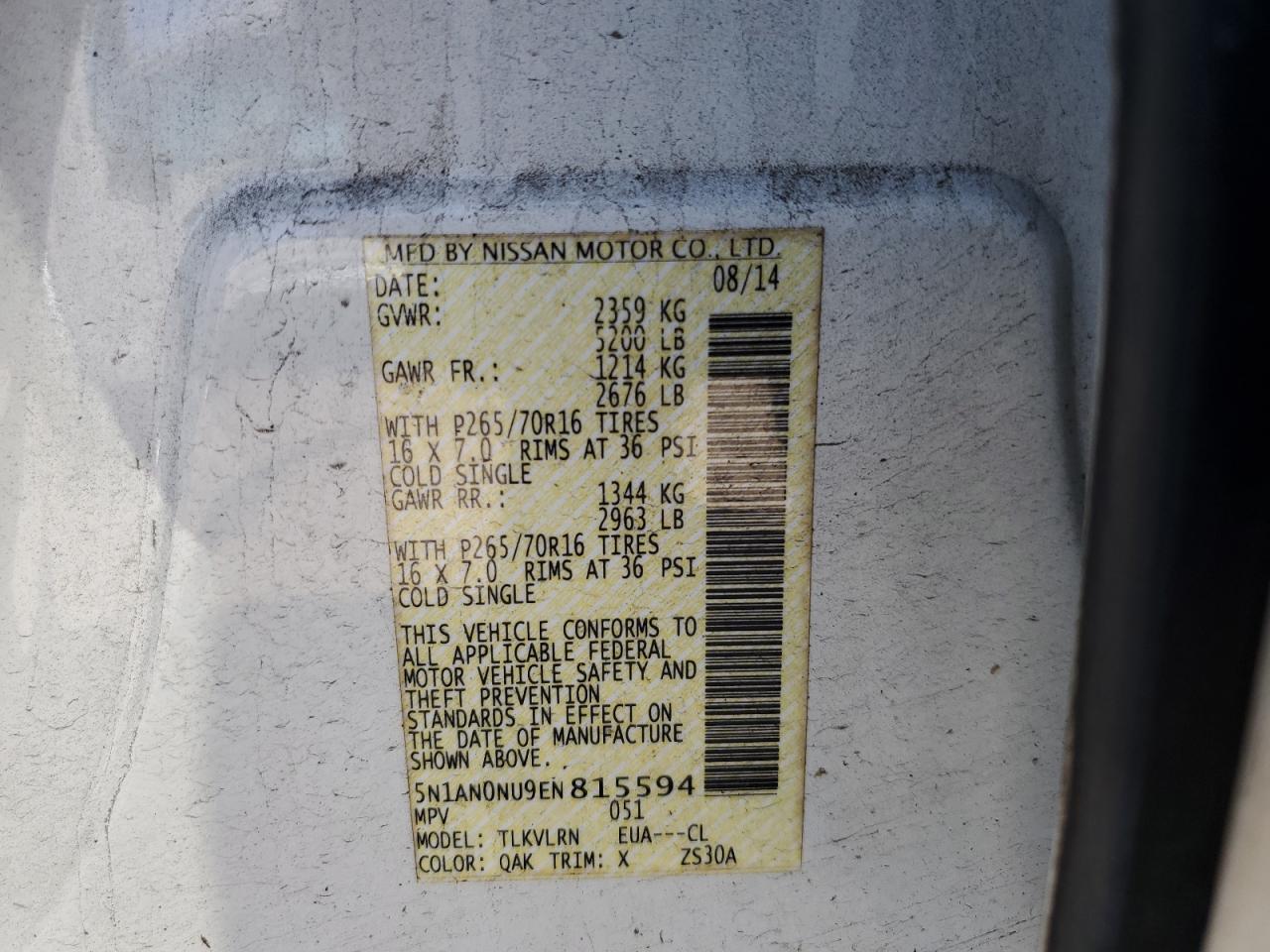 2014 Nissan Xterra X VIN: 5N1AN0NU9EN815594 Lot: 82172855