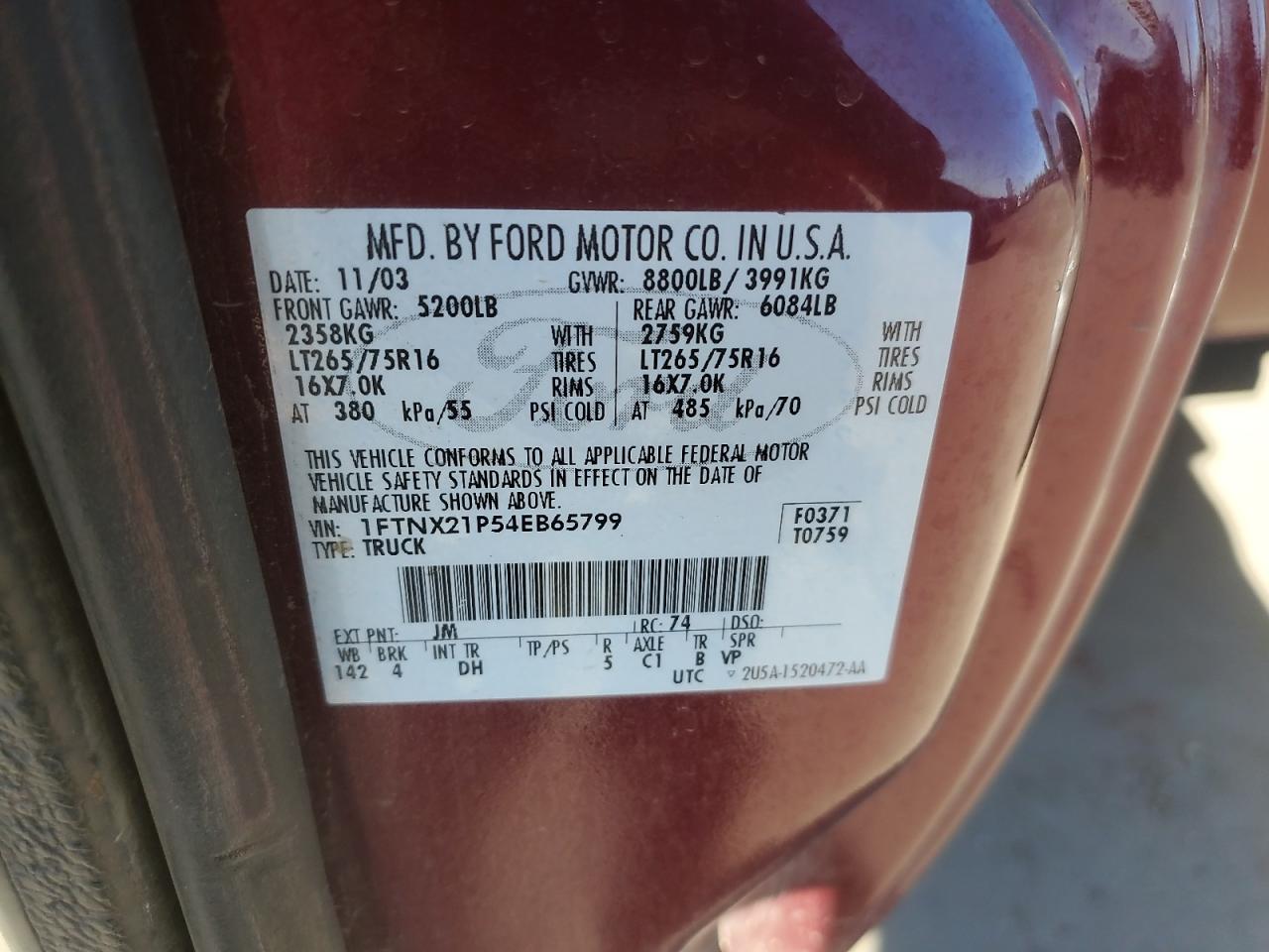 2004 Ford F250 Super Duty VIN: 1FTNX21P54EB65799 Lot: 83861225