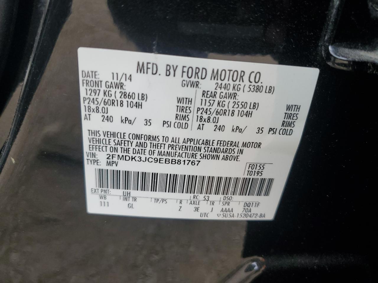 2014 Ford Edge Sel VIN: 2FMDK3JC9EBB81767 Lot: 89719645