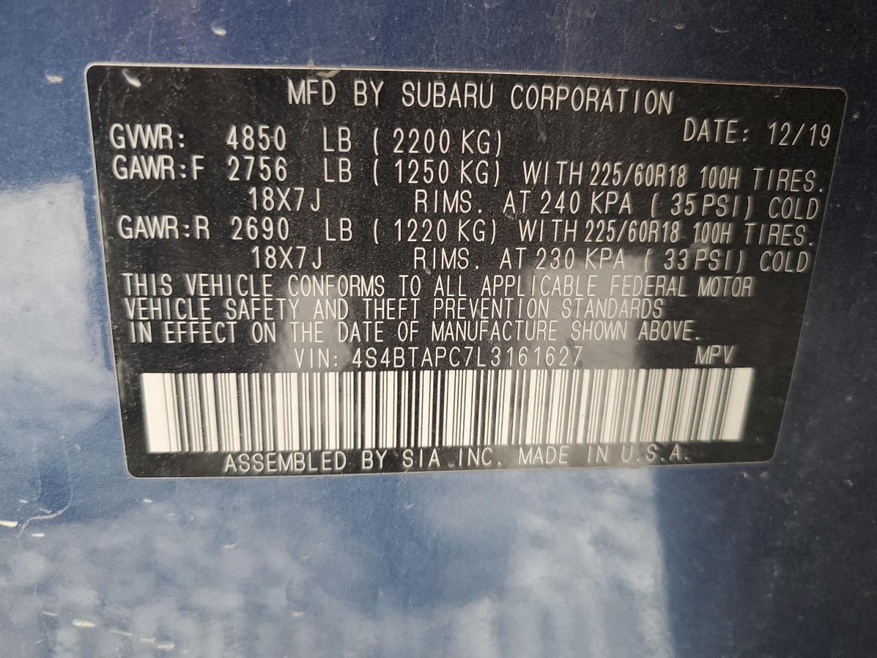 2020 Subaru Outback Touring VIN: 4S4BTAPC7L3161627 Lot: 85549955