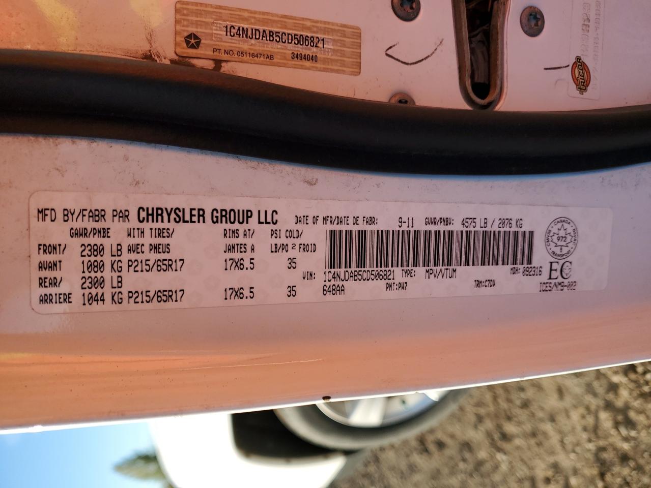 2012 Jeep Compass VIN: 1C4NJDAB5CD506821 Lot: 85296535