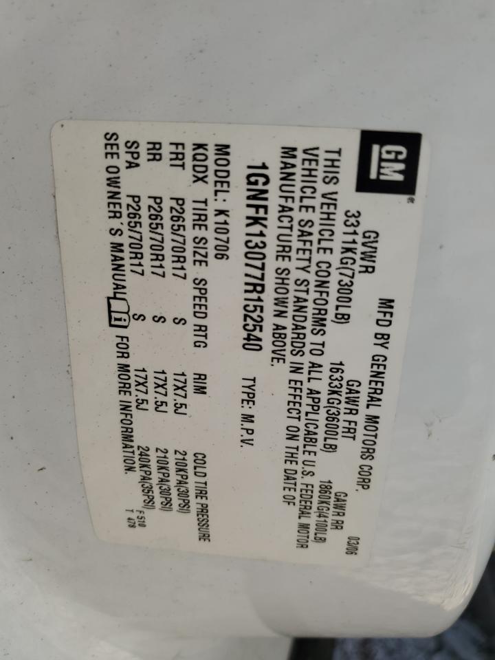 2007 Chevrolet Tahoe K1500 VIN: 1GNFK13077R152540 Lot: 81943475