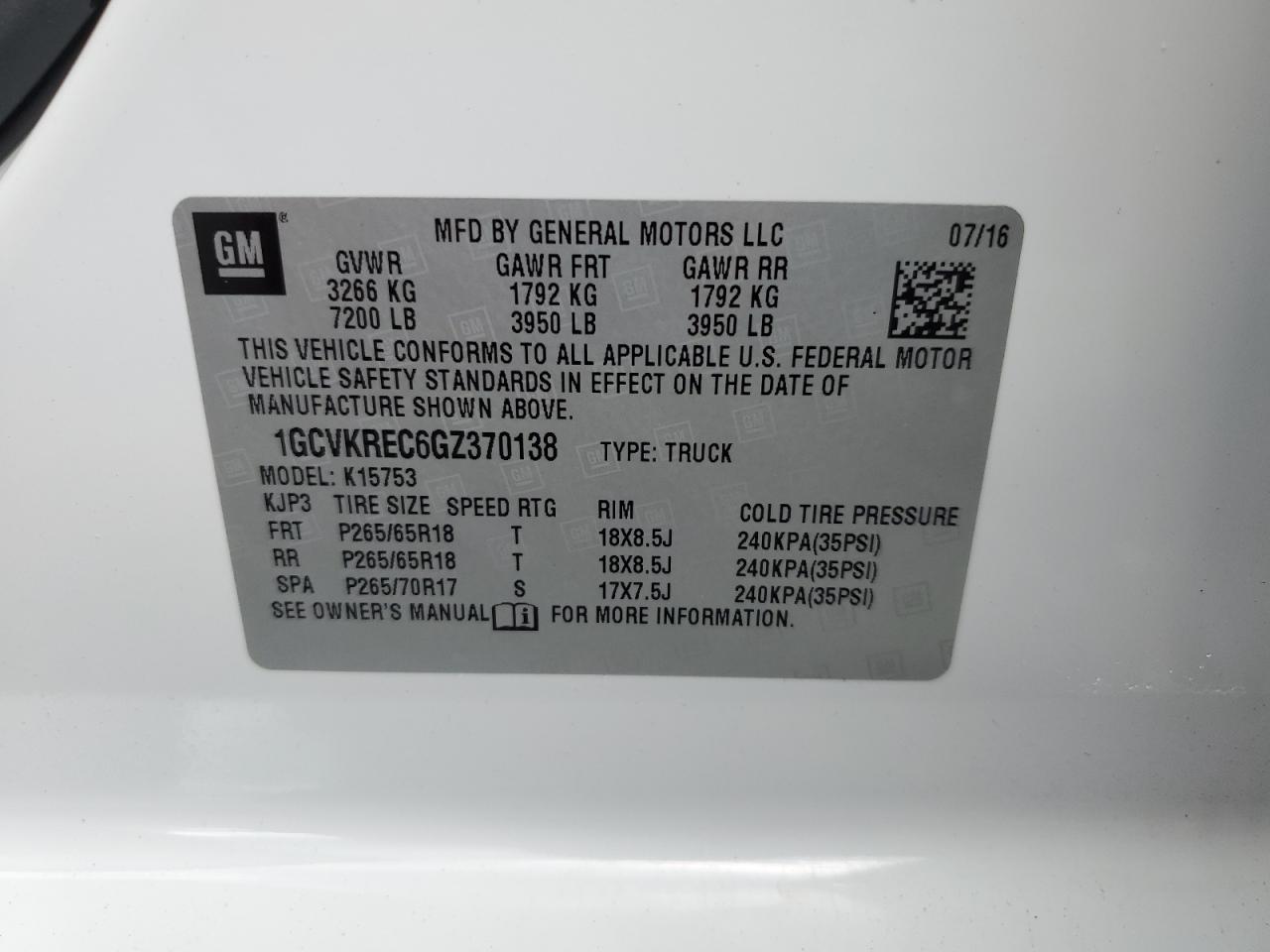 2016 Chevrolet Silverado K1500 Lt VIN: 1GCVKREC6GZ370138 Lot: 82305095