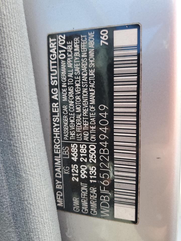 2002 Mercedes-Benz E 320 VIN: WDBJF65J22B494049 Lot: 81870065