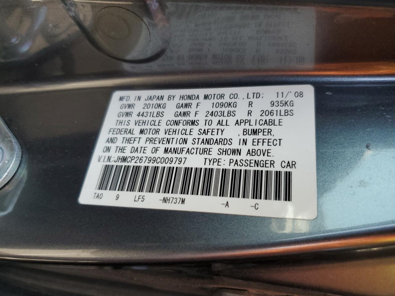 2009 Honda Accord Ex VIN: JHMCP26799C009797 Lot: 85318715