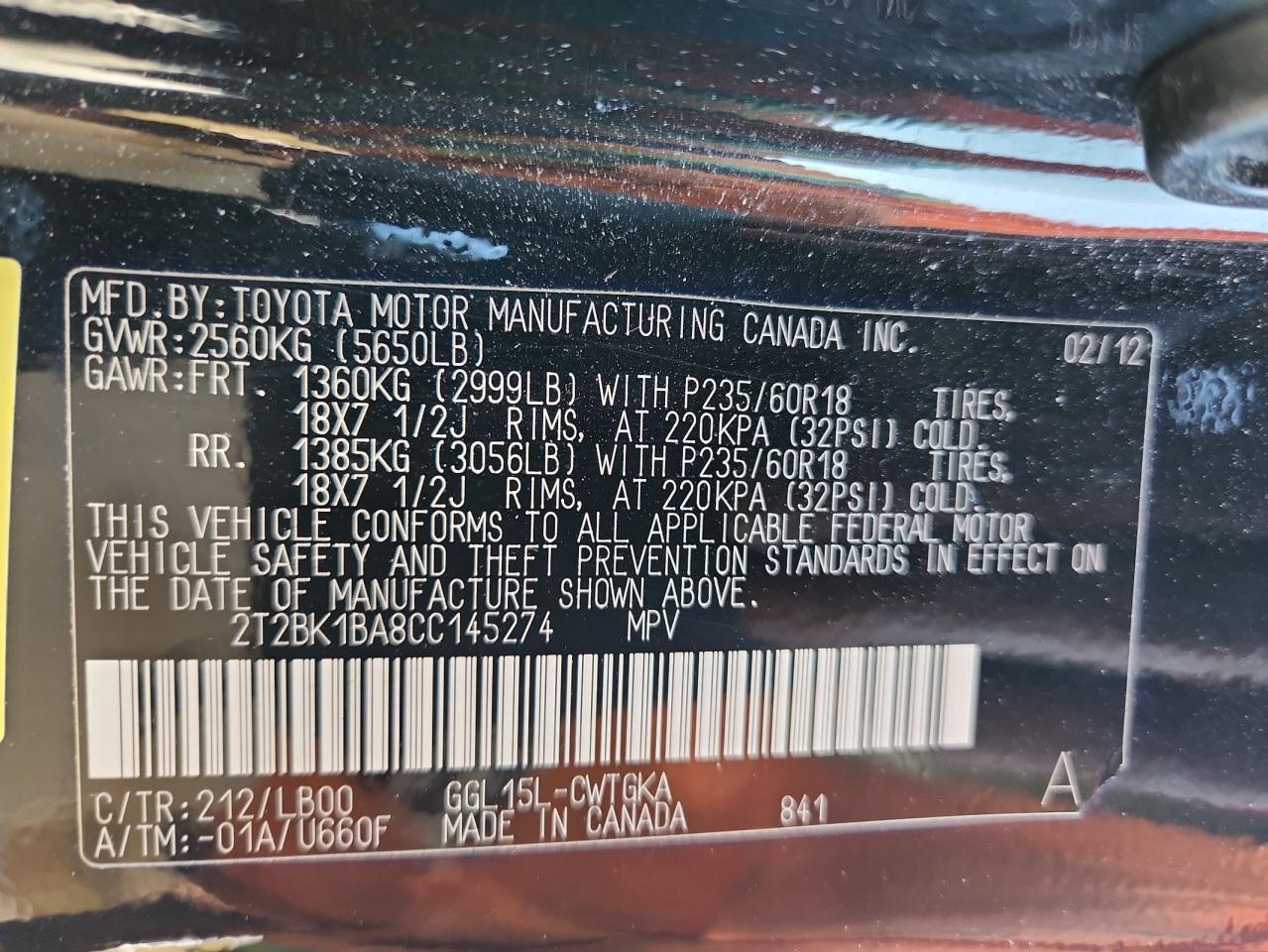 2012 Lexus Rx 350 VIN: 2T2BK1BA8CC145274 Lot: 90060305