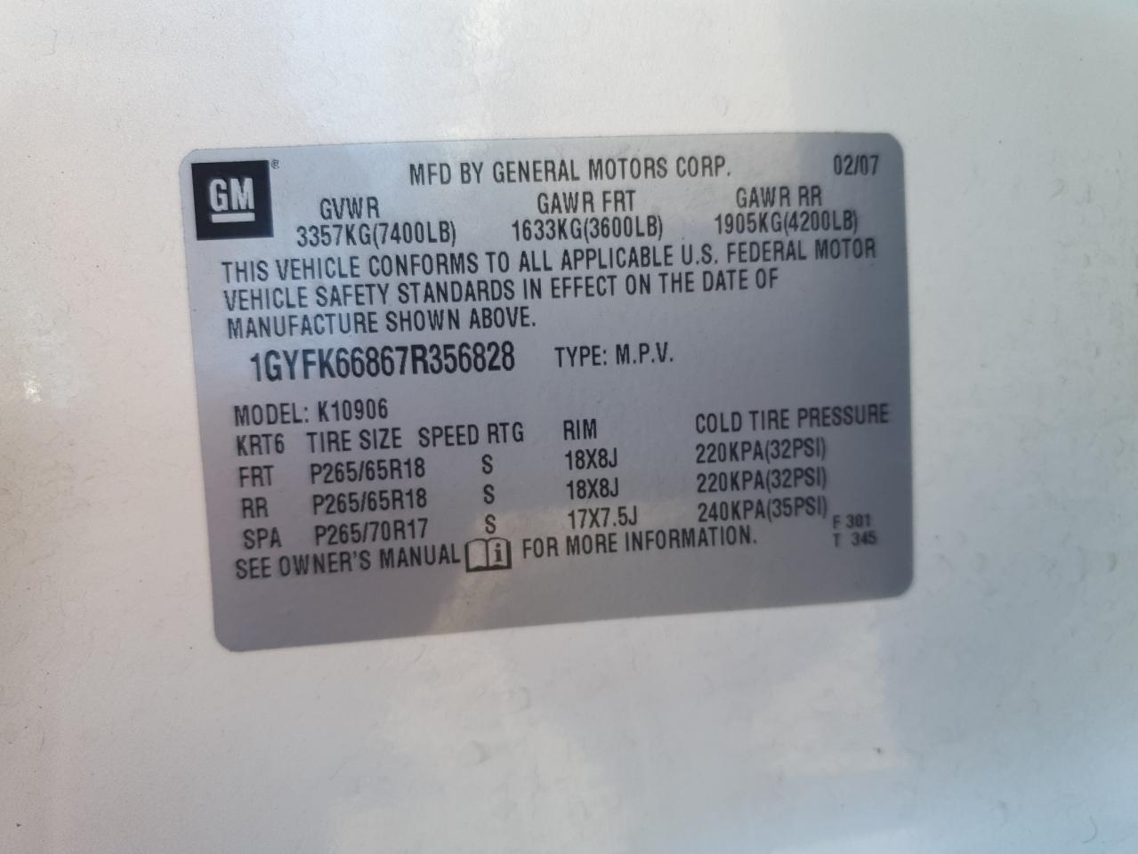 2007 Cadillac Escalade Esv VIN: 1GYFK66867R356828 Lot: 85889315