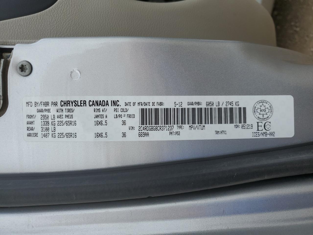 2012 Dodge Grand Caravan Se VIN: 2C4RDGBG8CR371237 Lot: 90251085