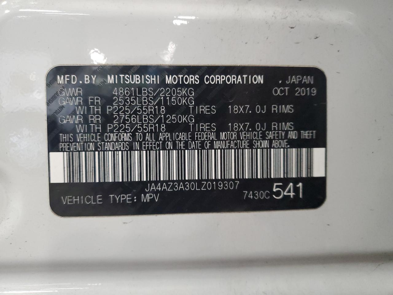 2020 Mitsubishi Outlander Se VIN: JA4AZ3A30LZ019307 Lot: 86093675