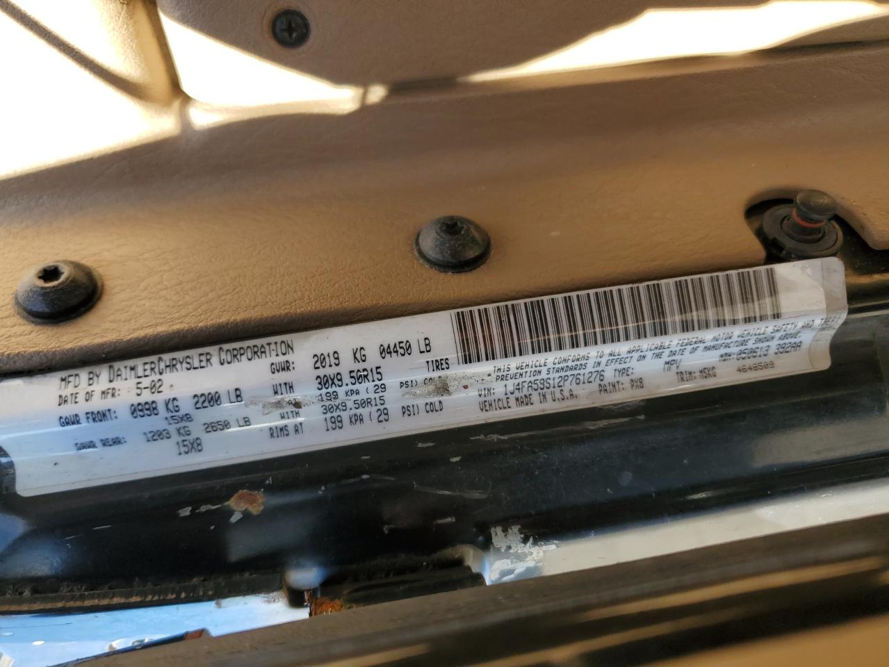 2002 Jeep Wrangler / Tj Sahara VIN: 1J4FA59S12P761276 Lot: 90629975