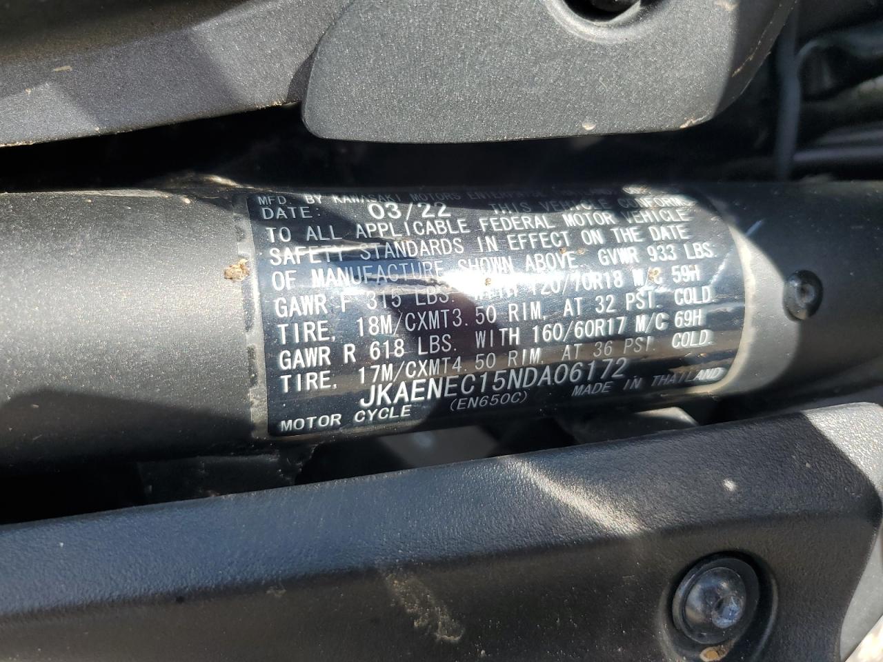 2022 Kawasaki En650 C VIN: JKAENEC15NDA06172 Lot: 85824775