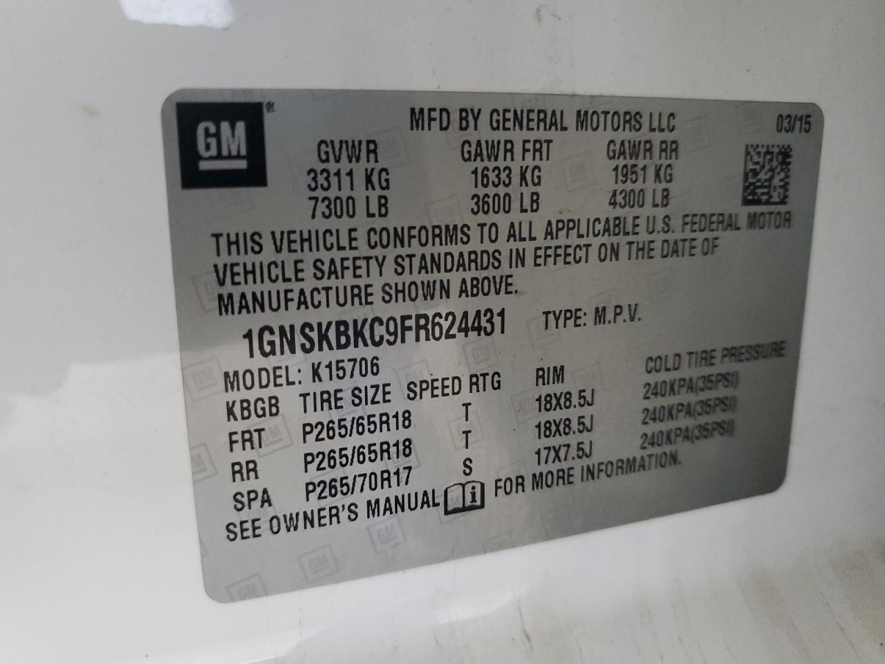 2015 Chevrolet Tahoe K1500 Lt VIN: 1GNSKBKC9FR624431 Lot: 84589435