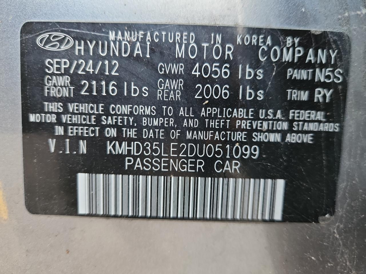 2013 Hyundai Elantra Gt VIN: KMHD35LE2DU051099 Lot: 89490885