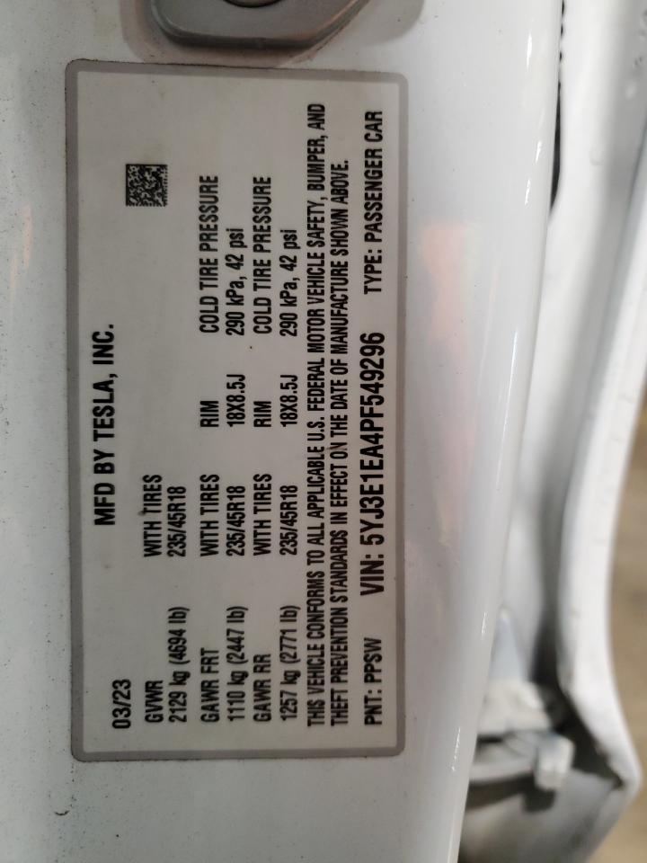 2023 Tesla Model 3 VIN: 5YJ3E1EA4PF549296 Lot: 87056455
