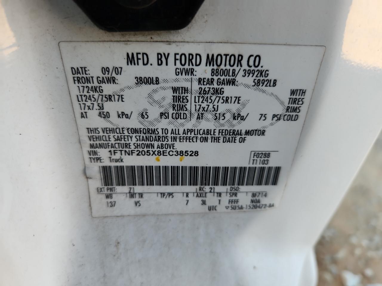 2008 Ford F250 Super Duty VIN: 1FTNF205X8EC38528 Lot: 87027735