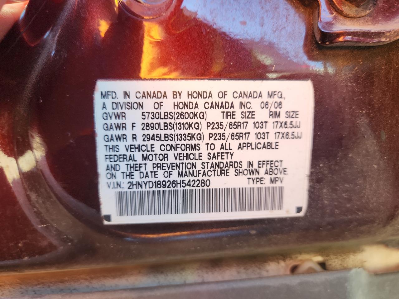 2006 Acura Mdx Touring VIN: 2HNYD18926H542280 Lot: 90612935