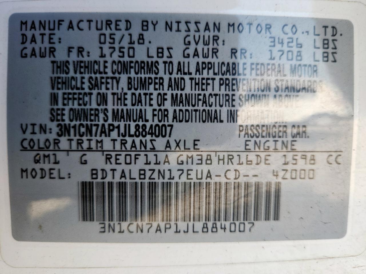 2018 Nissan Versa S VIN: 3N1CN7AP1JL884007 Lot: 84415965