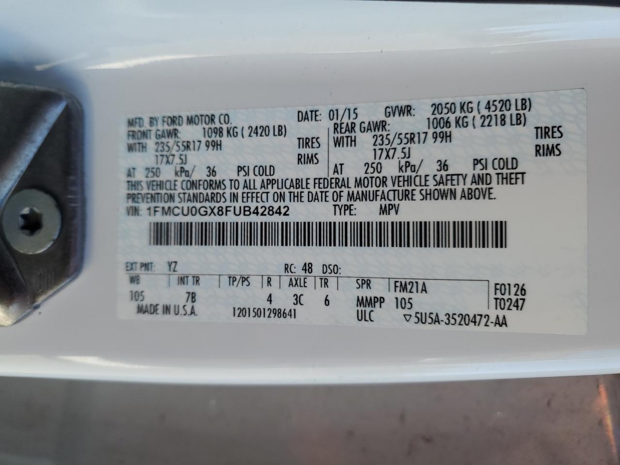 2015 Ford Escape Se VIN: 1FMCU0GX8FUB42842 Lot: 82308135