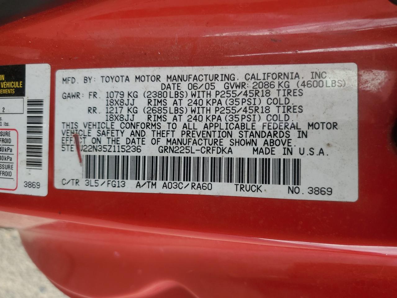 2005 Toyota Tacoma X-Runner Access Cab VIN: 5TETU22N35Z115236 Lot: 82181615