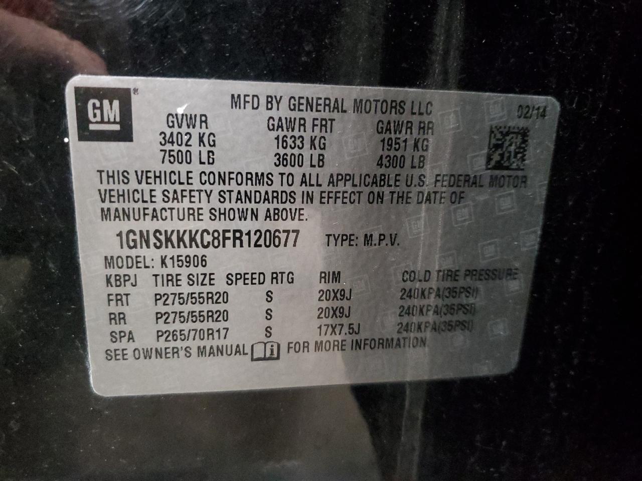 2015 Chevrolet Suburban K1500 Ltz VIN: 1GNSKKKC8FR120677 Lot: 86426505