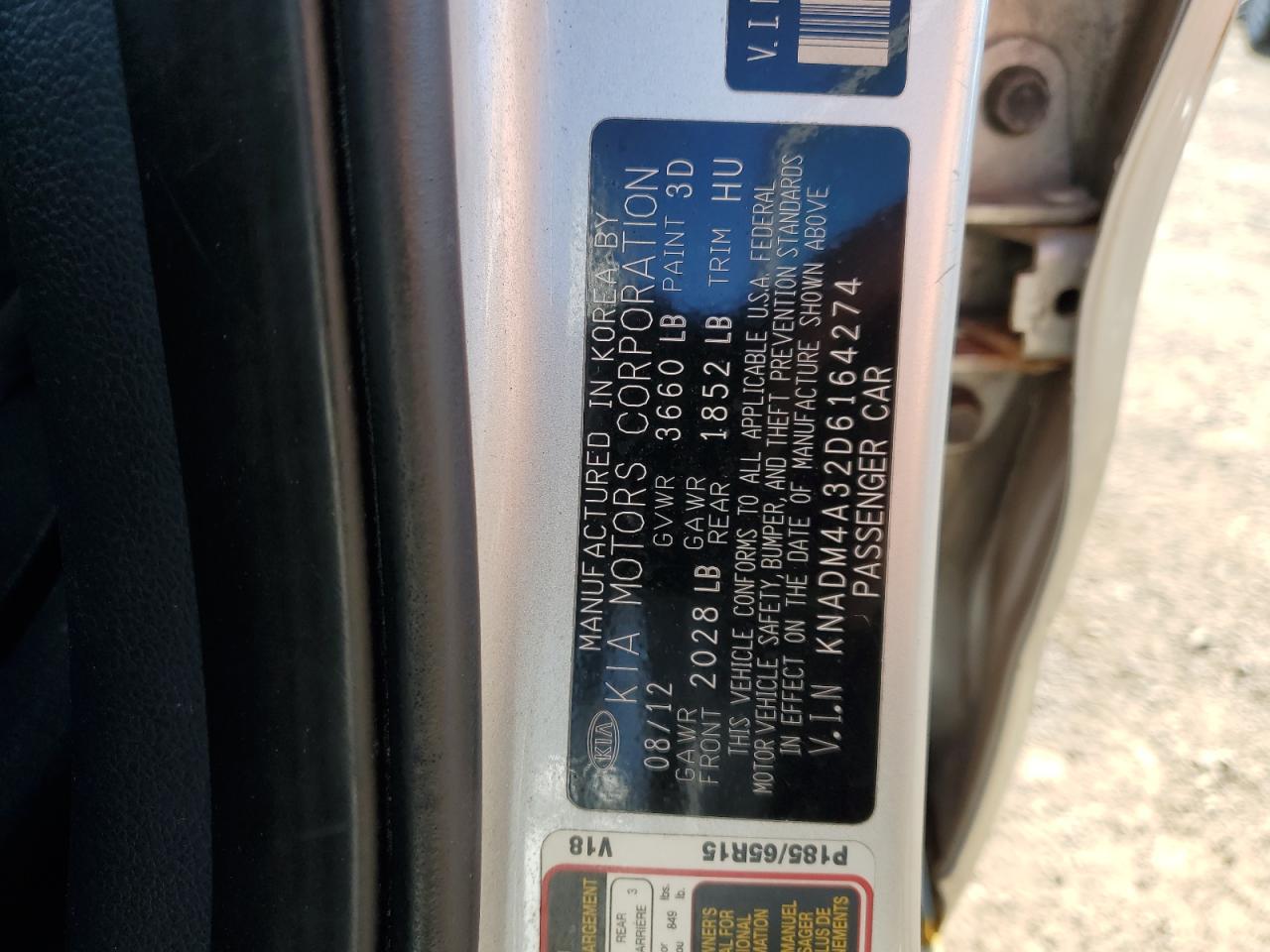 2013 Kia Rio Lx VIN: KNADM4A32D6164274 Lot: 85738105