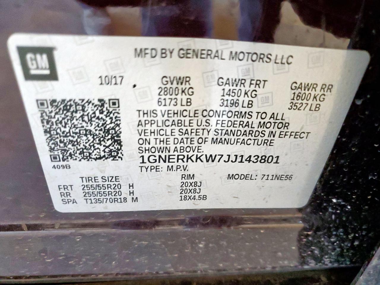 2018 Chevrolet Traverse Premier VIN: 1GNERKKW7JJ143801 Lot: 82223765