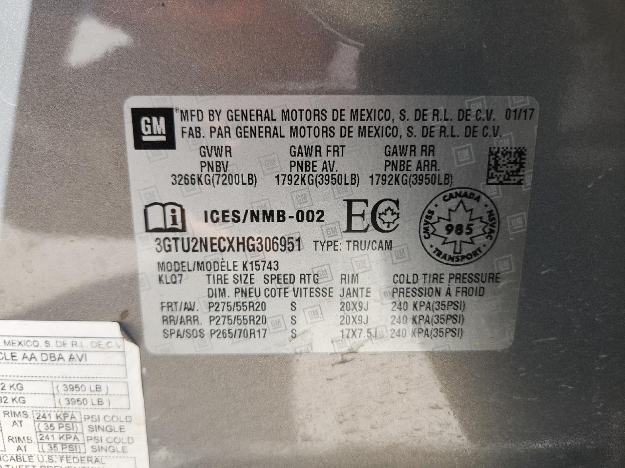 2017 GMC Sierra K1500 Slt VIN: 3GTU2NECXHG306951 Lot: 82440275