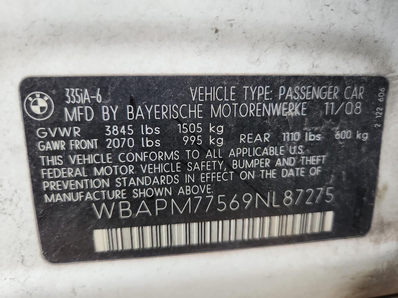 2009 BMW 335 I VIN: WBAPM77569NL87275 Lot: 85920335