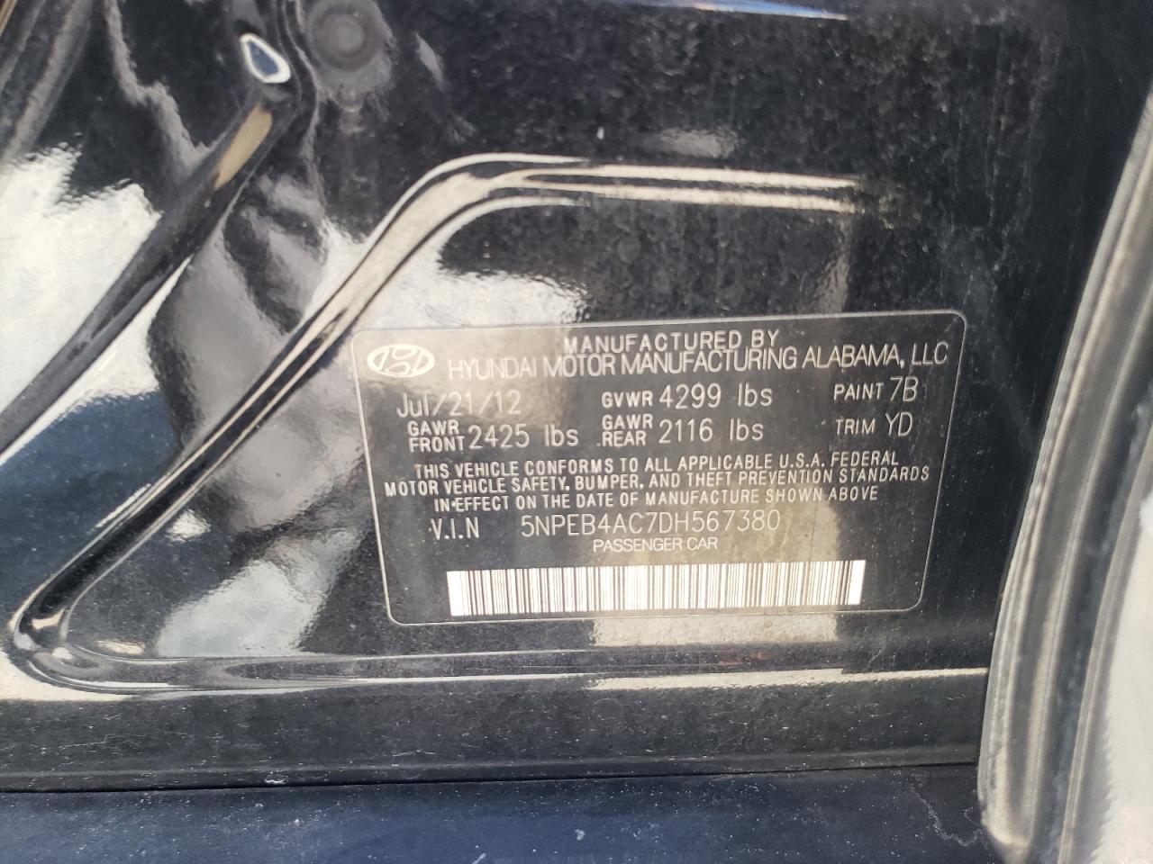 2013 Hyundai Sonata Gls VIN: 5NPEB4AC7DH567380 Lot: 82429585