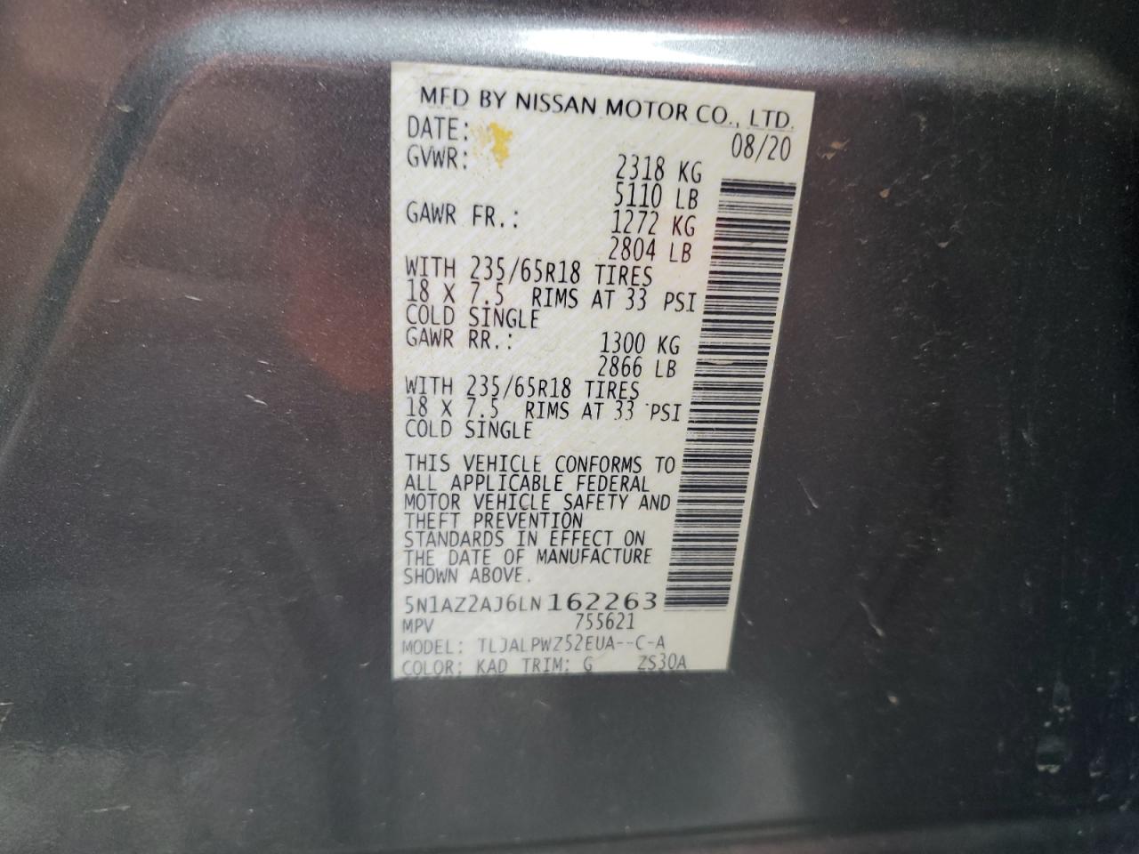 2020 Nissan Murano S VIN: 5N1AZ2AJ6LN162263 Lot: 85877455