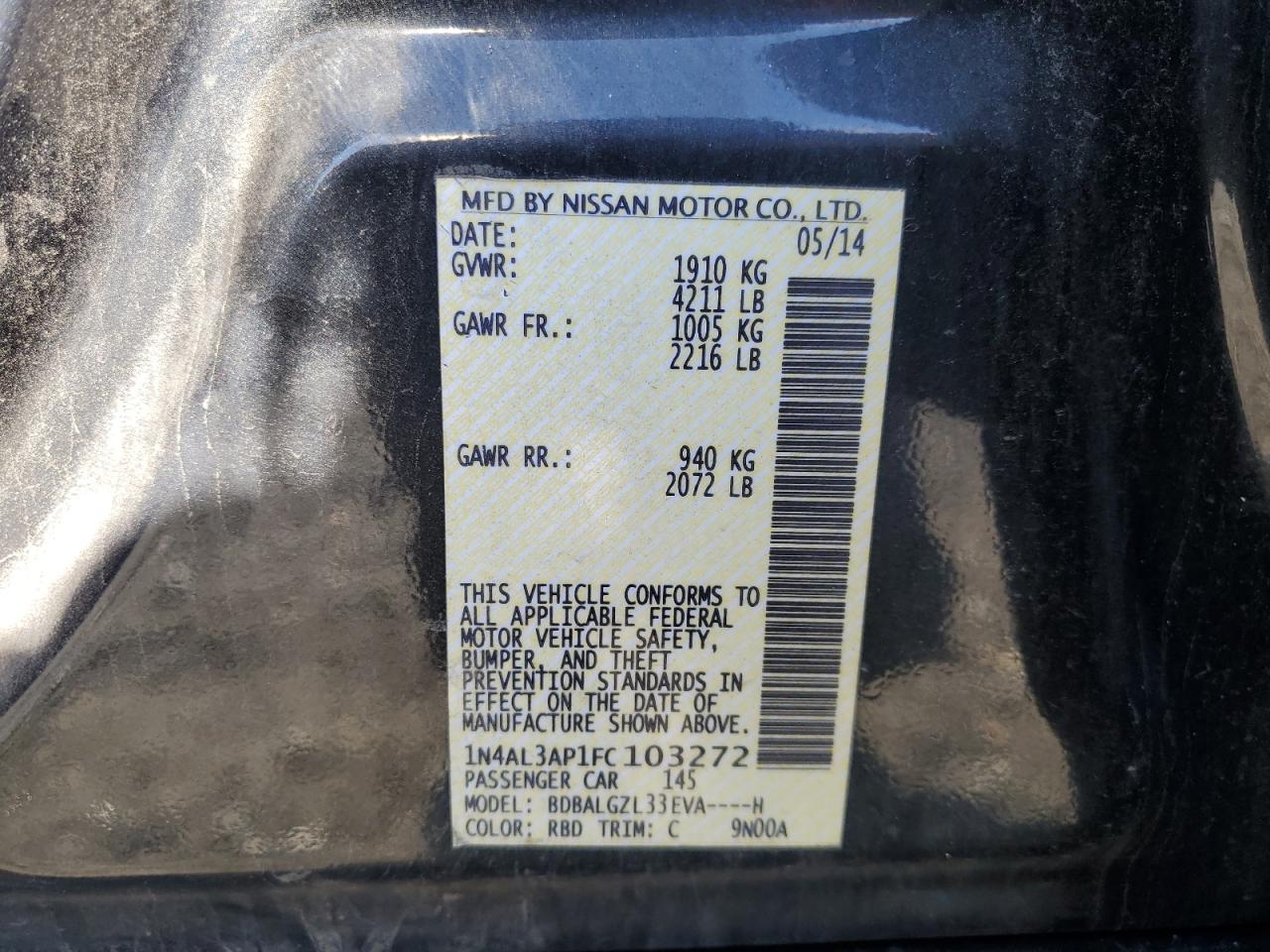 2015 Nissan Altima 2.5 VIN: 1N4AL3AP1FC103272 Lot: 82495655