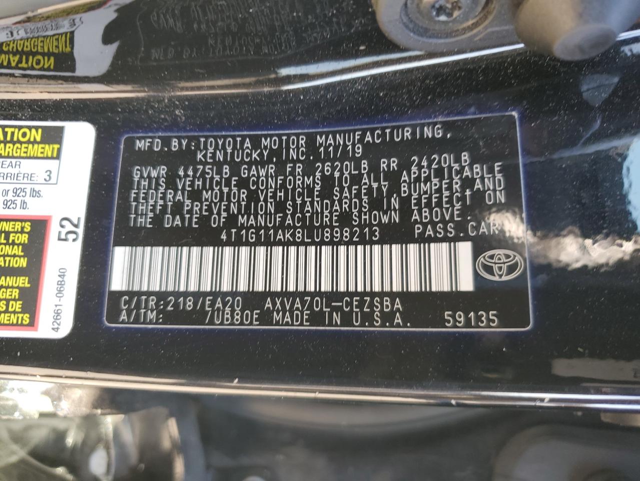 2020 Toyota Camry Se VIN: 4T1G11AK8LU898213 Lot: 86290055