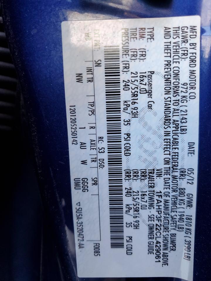 2012 Ford Focus Se VIN: 1FAHP3F22CL429061 Lot: 86444595