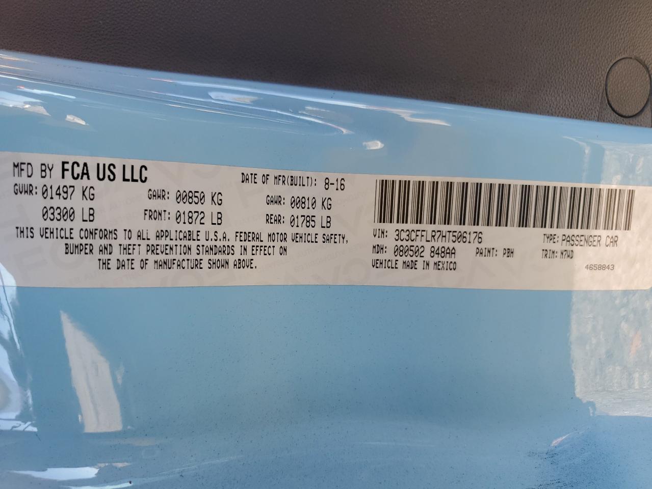 2017 Fiat 500 Pop VIN: 3C3CFFLR7HT506176 Lot: 85584095