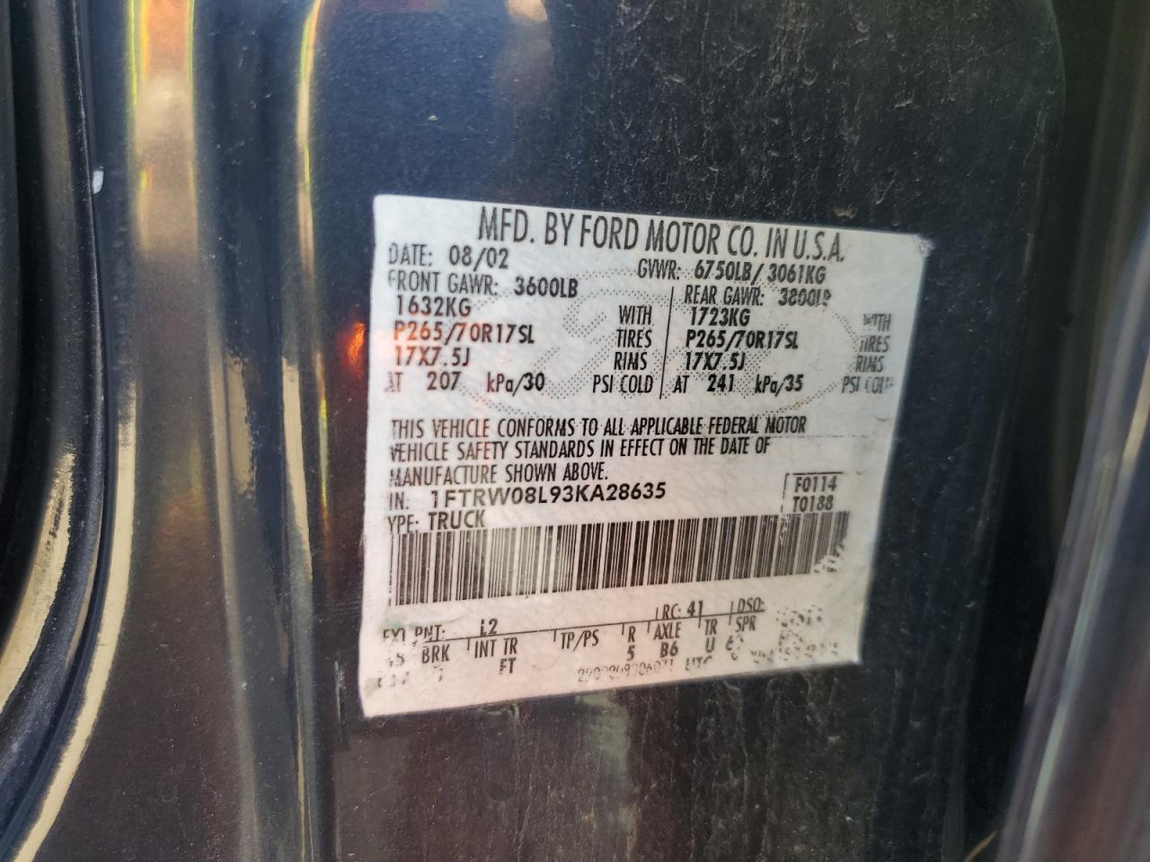 2003 Ford F150 Supercrew VIN: 1FTRW08L93KA28635 Lot: 82350045