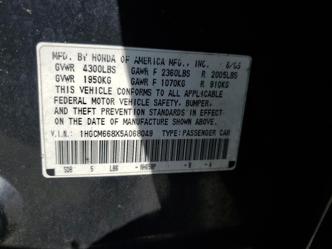 2005 Honda Accord Ex VIN: 1HGCM668X5A068049 Lot: 85945925