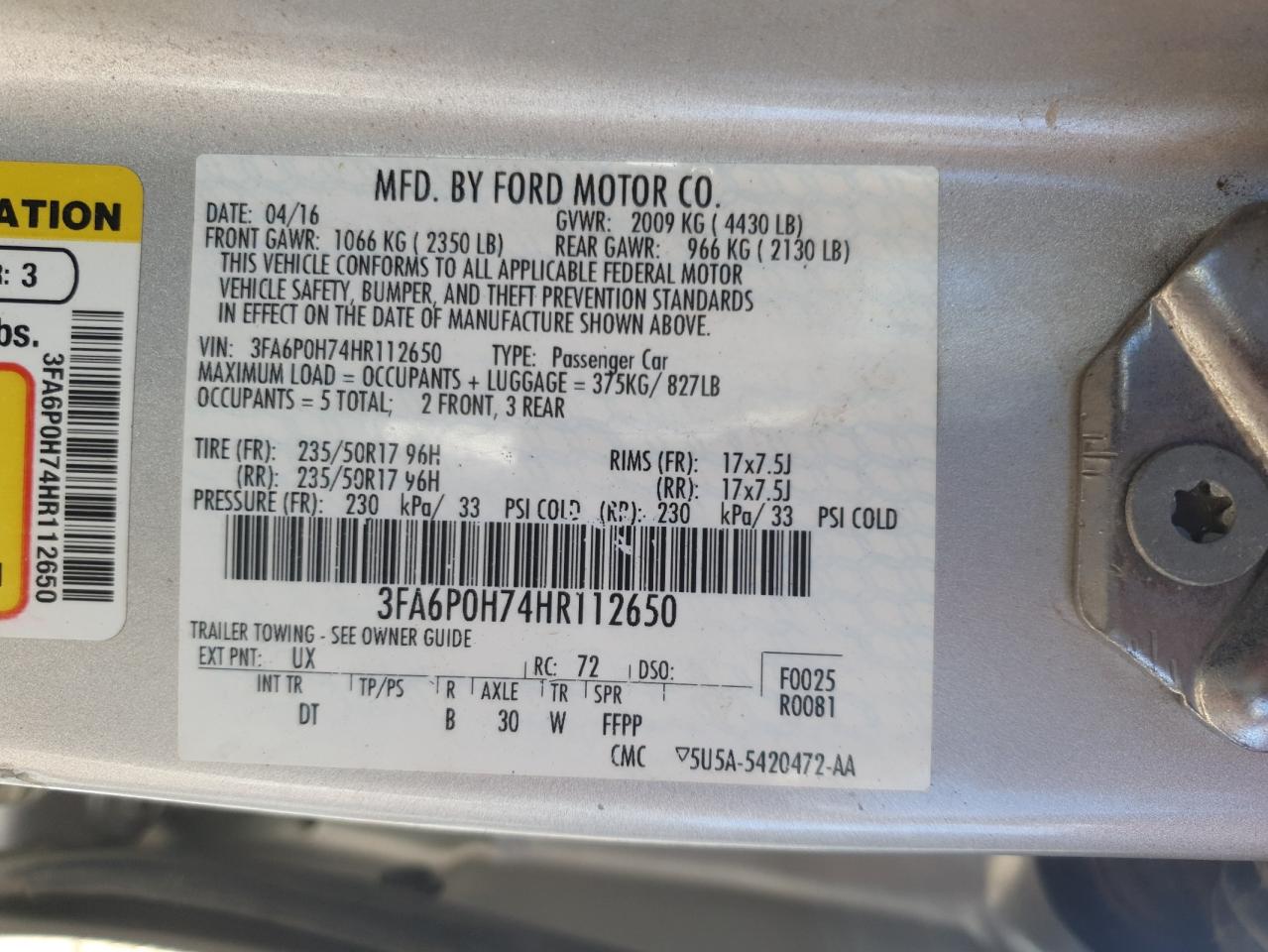 2017 Ford Fusion Se VIN: 3FA6P0H74HR112650 Lot: 89542215