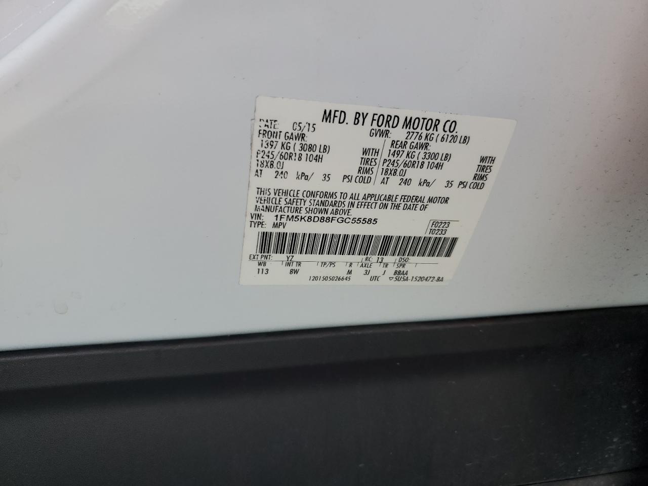 2015 Ford Explorer Xlt VIN: 1FM5K8D88FGC55585 Lot: 85501155