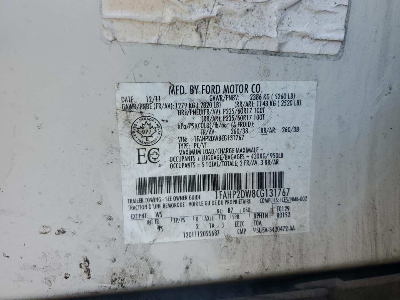 2012 Ford Taurus Se VIN: 1FAHP2DW8CG131767 Lot: 86251845