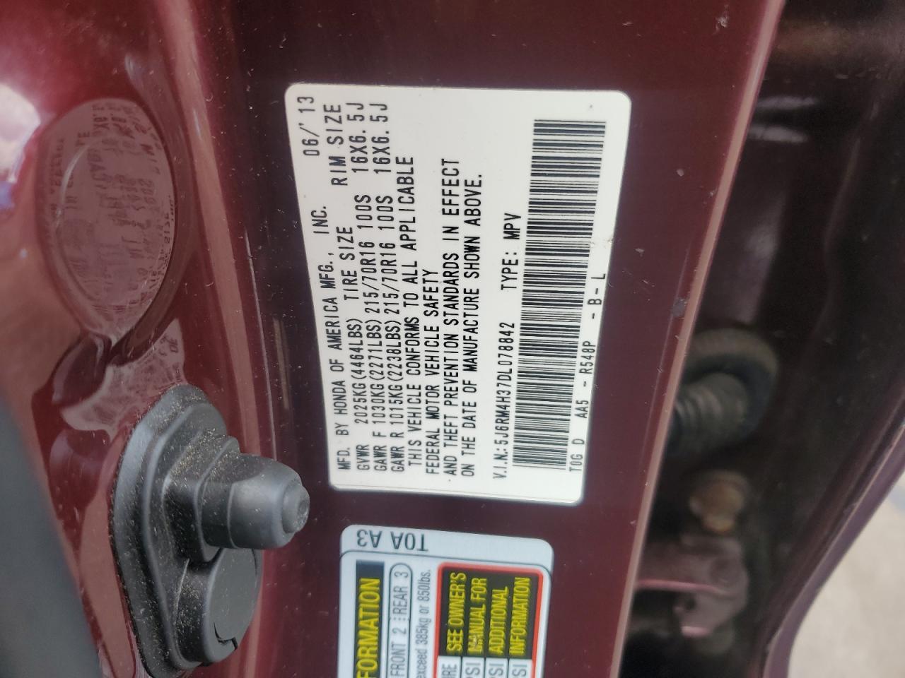 2013 Honda Cr-V Lx VIN: 5J6RM4H37DL078842 Lot: 90445525