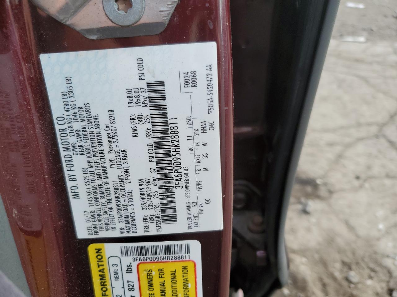 2017 Ford Fusion Titanium VIN: 3FA6P0D95HR288811 Lot: 86778125