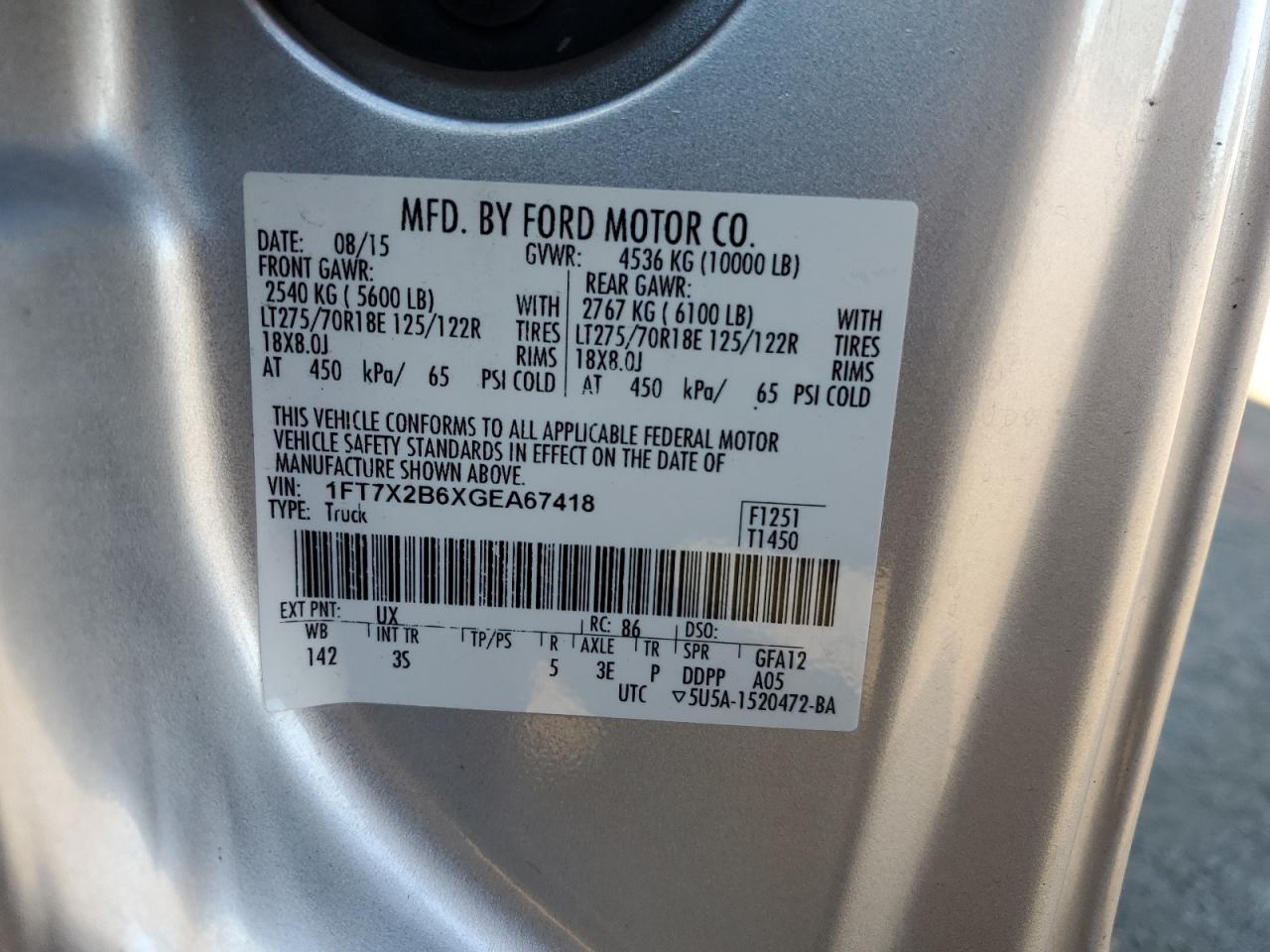 2016 Ford F250 Super Duty VIN: 1FT7X2B6XGEA67418 Lot: 81822415