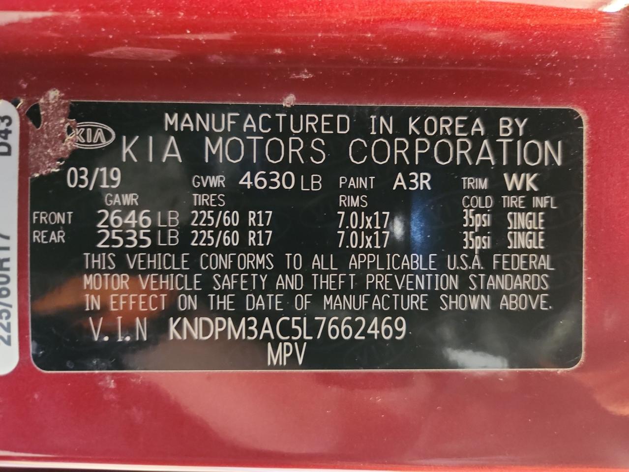 2020 Kia Sportage Lx VIN: KNDPM3AC5L7662469 Lot: 85596095