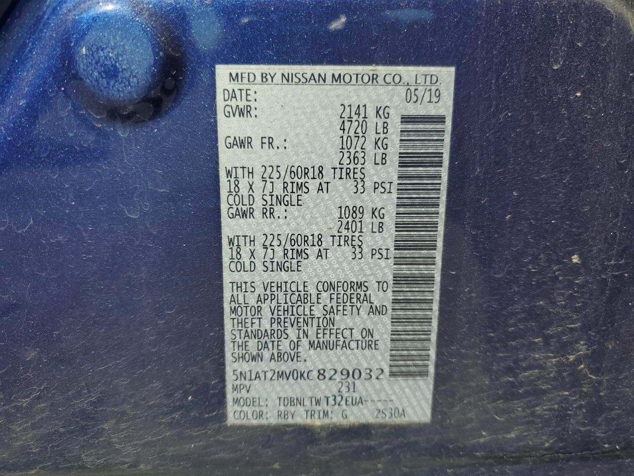 2019 Nissan Rogue S VIN: 5N1AT2MV0KC829032 Lot: 81989765